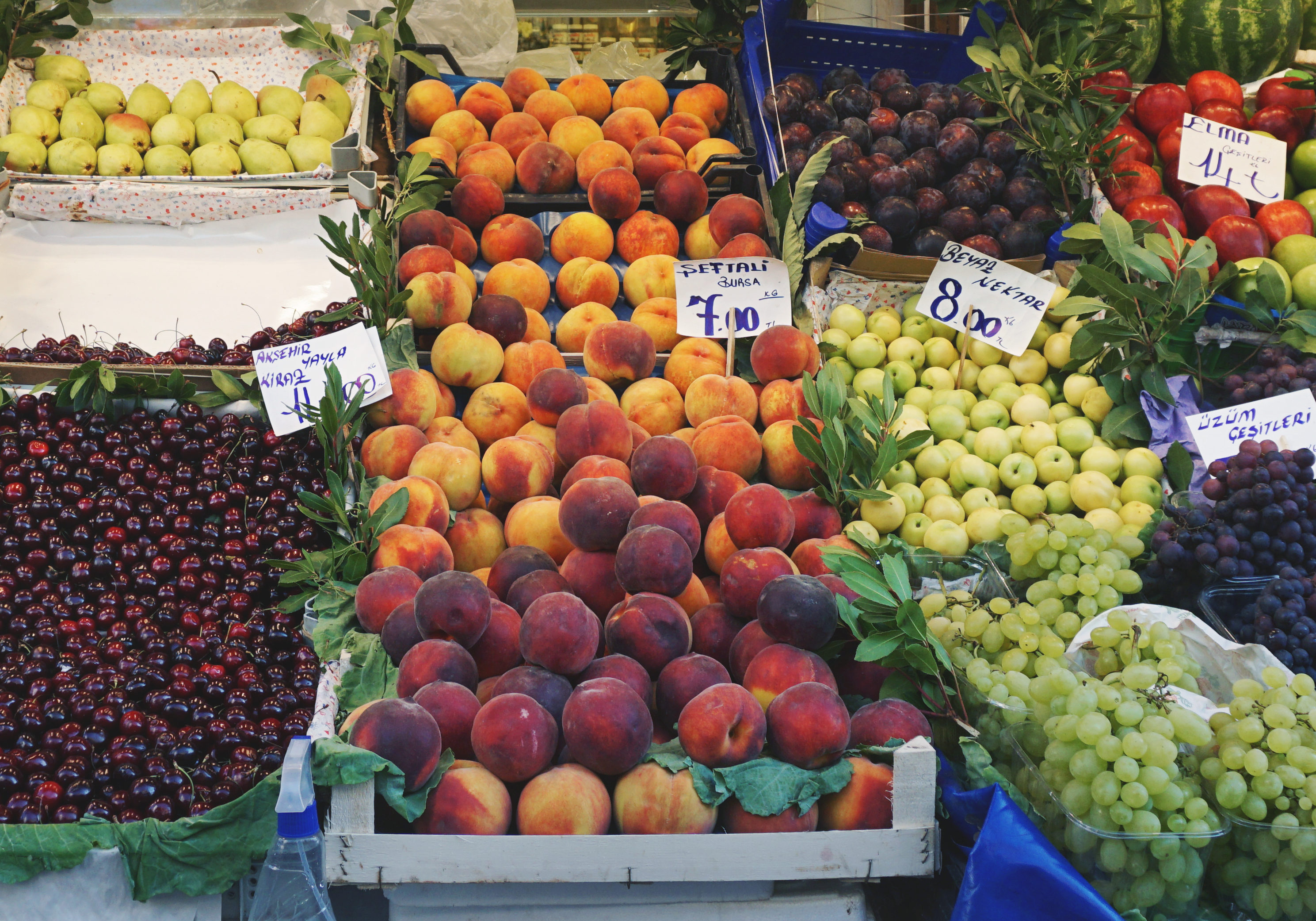 Fresh healthy mixed fruits stall in Istanbul, Turkey
